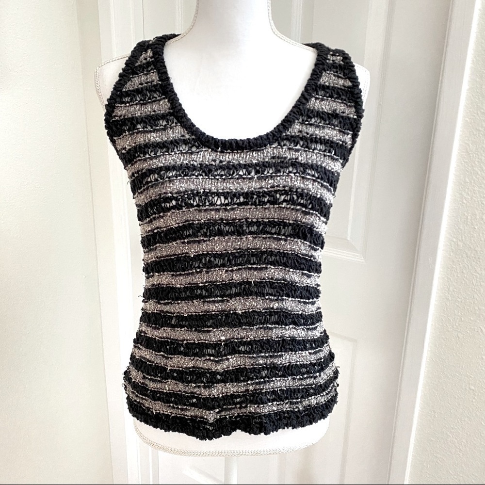 Rag and Bone Open Knit Sleeveless Black Ivory Tank